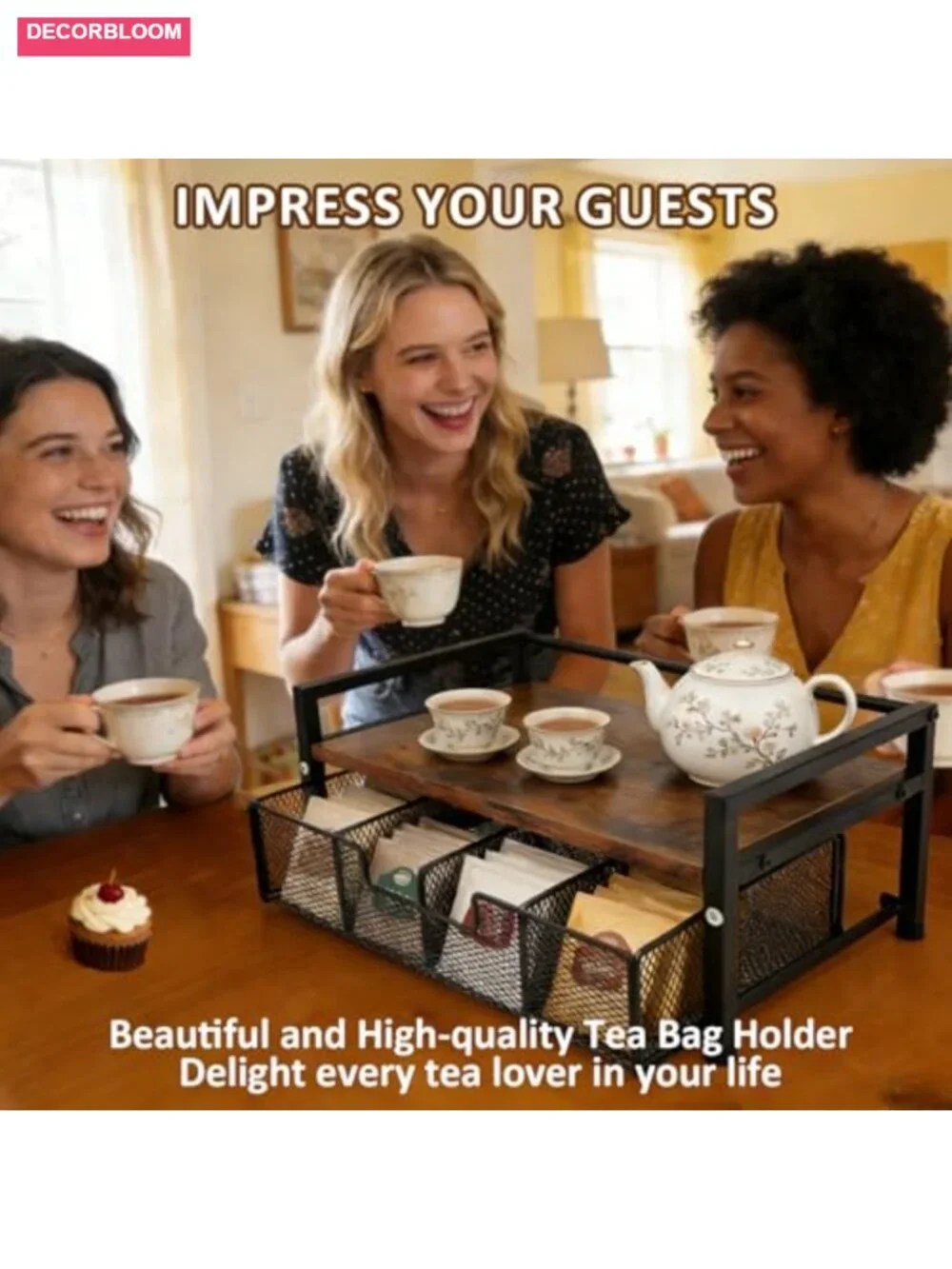 Tea Bag Organizer with Drawer Natural Wood & Metal 8 Compartments with Hooks